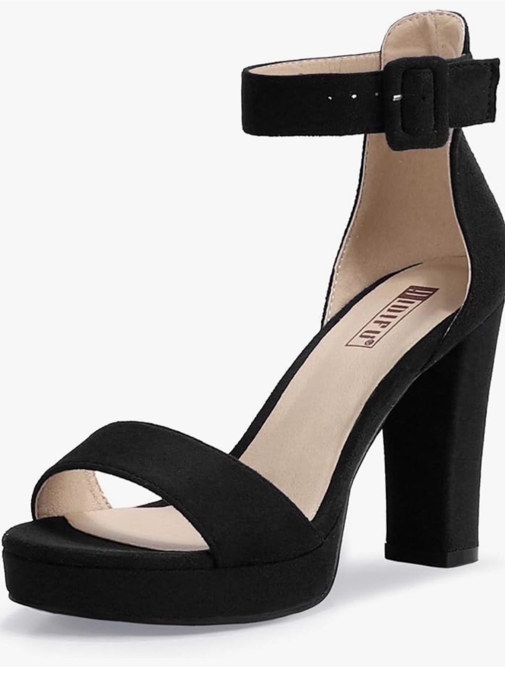 IDIFU Black Suede Ankle-Strap Platform Heels